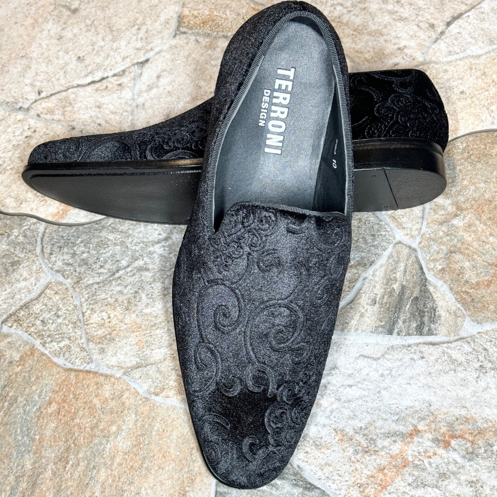 Terroni Black Men's Slip-On Dress Shoe-Faux Suede-Paisley Print-Fashionable